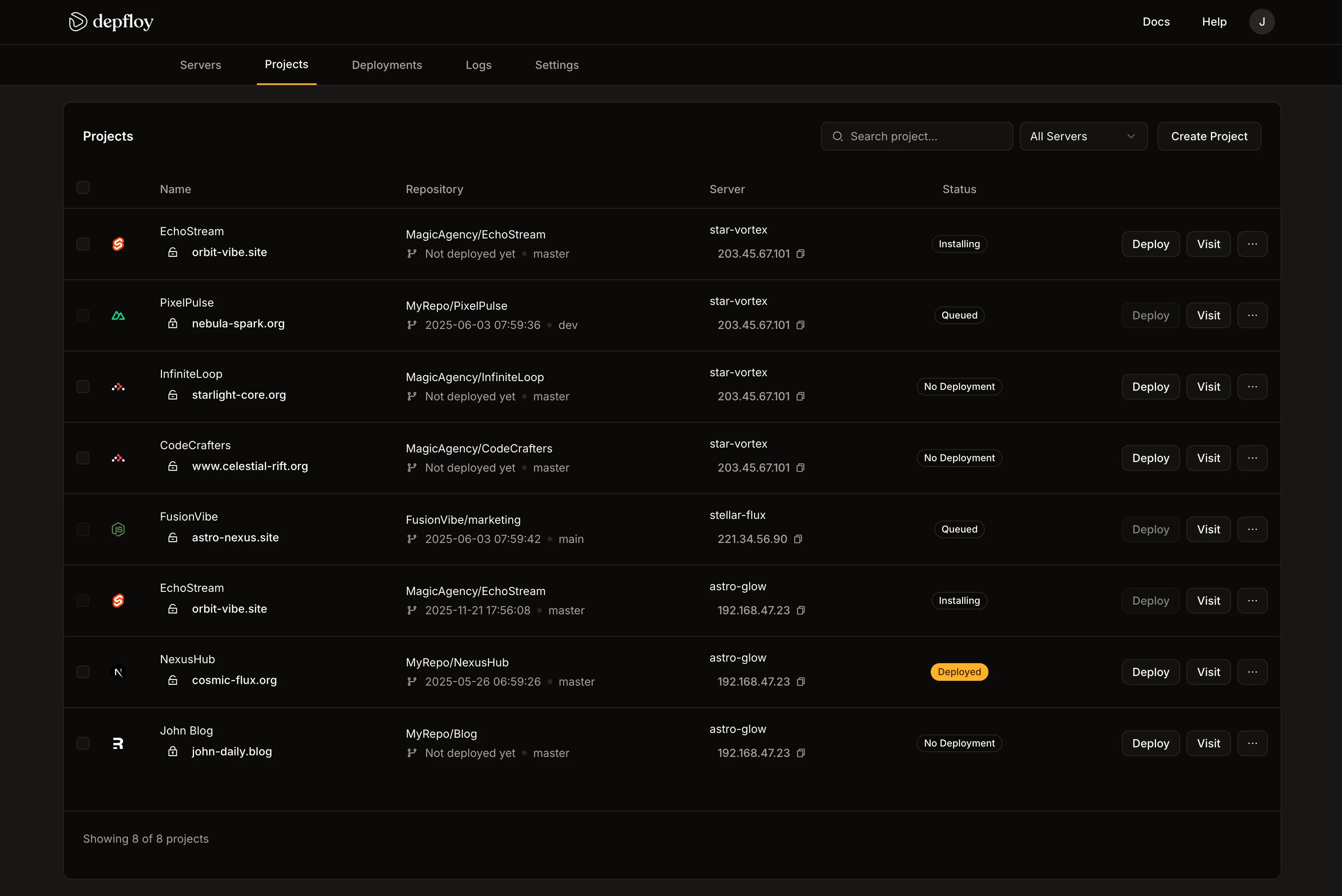 Depfloy projects dashboard